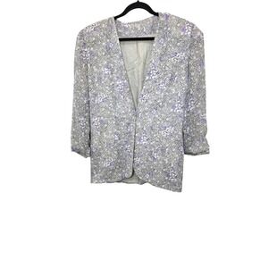 VTG Baronesa Floral Open-Front Lightweight Blazer Purple & White 3/4 Sleeves SZ